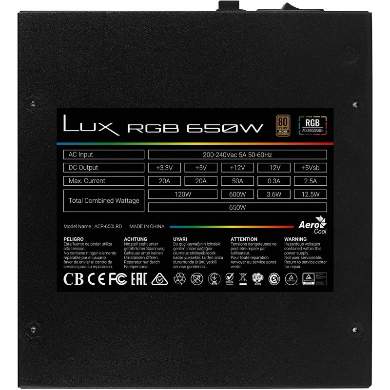 Aerocool Fuente lux rgb 650 atx mod. psu 80+230v - Imagen 4