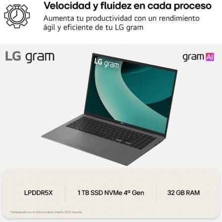 LG Gram 16Z90TL-G.AU88B Intel Core Ultra 7-258V/ 32GB/ 1TB SSD/ 16"/ Win11 - Imagen 2