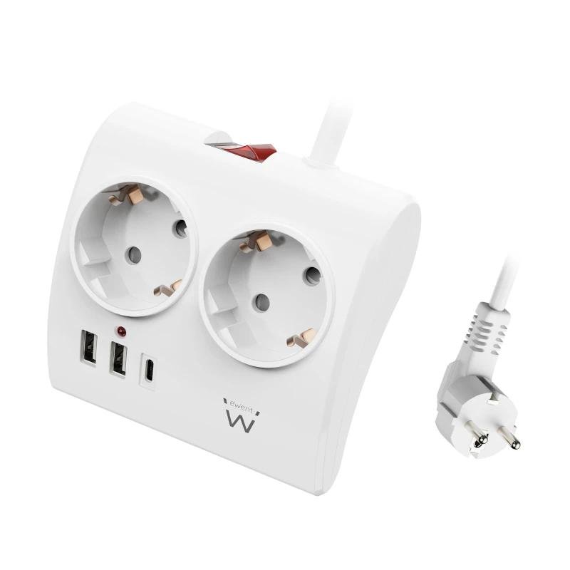 EWENT EW3870 Regleta 2 Shucko 2 Usb-A 1 Usb-C Bl. - Imagen 2