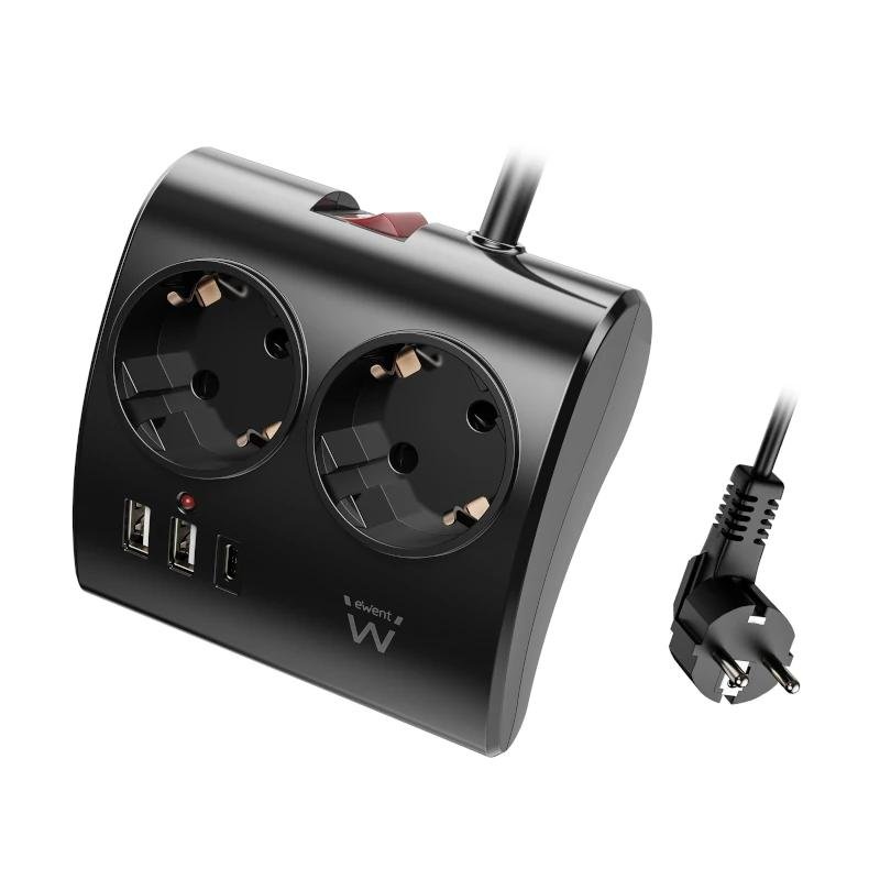 EWENT EW3871 Regleta 2 Shucko 2 Usb-A 1 Usb-C Neg - Imagen 2