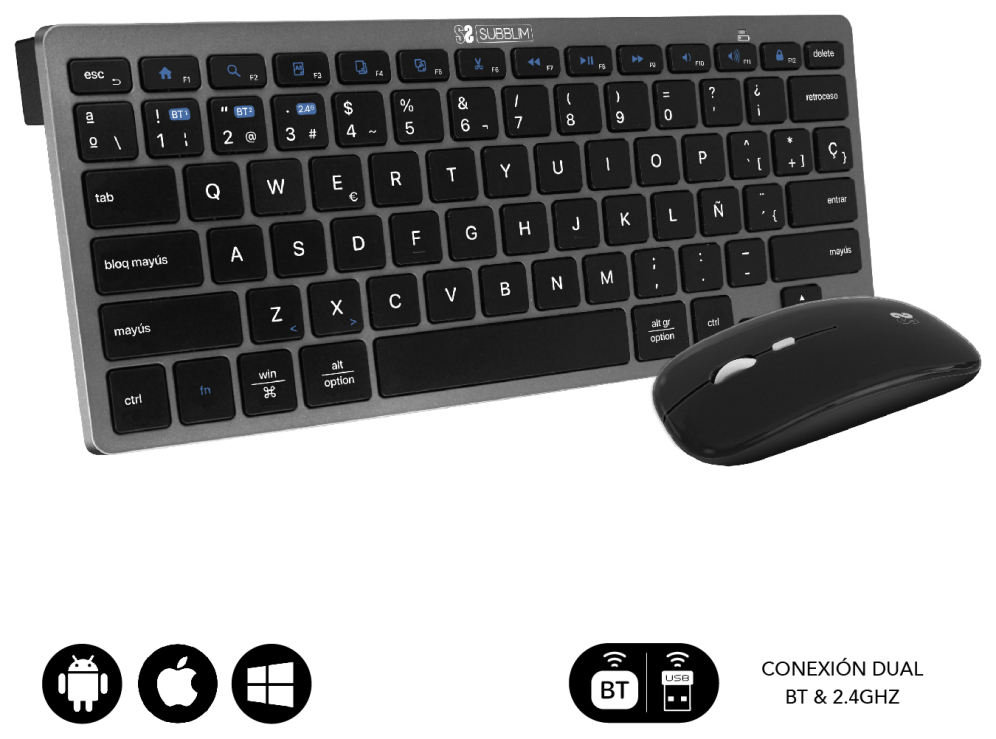 Teclado y Ratón Inalámbrico Subblim OCO020 Combo Multidispositivo Compacto/ Gris